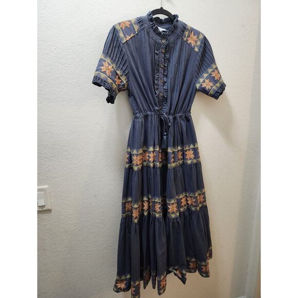 IVY CITY Co. Maxi Dress Short‎ Sleeve Embroidery 100% cotton Gray size M Boho - Picture 1 of 11